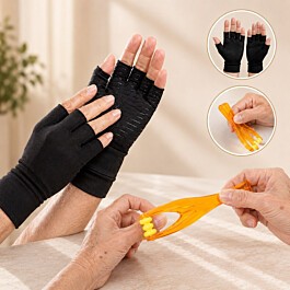 Sampak til gigt i fingrene med fingerrulle og gigthandsker med kobbertråd